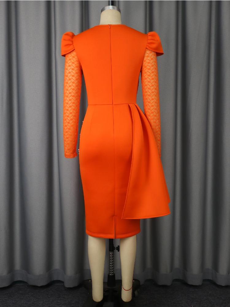 Elegant Women Package Hip Dress O Neck Patchwork Lace Long Sleeve Beading Ruffle Slim Fit High Waist Evening Event Gowns