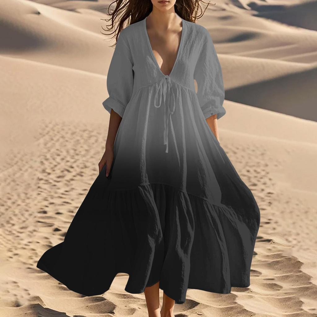 Women's Summer Fashion V-Neck Beach Long Gradient Printed Lace-Up Splicing Dresses