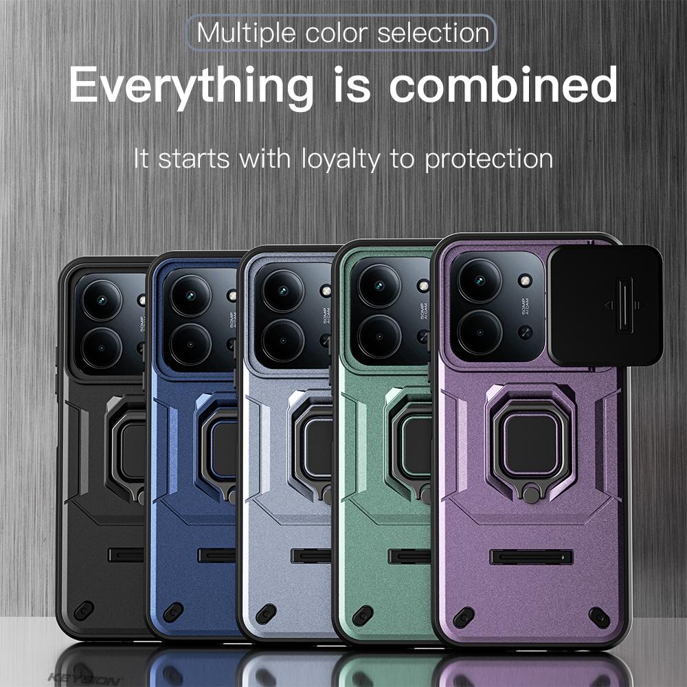 KEYSION Shockproof Armor Case for Redmi 15C 171mm 173mm Slide Camera Lens Protection Metal Ring Stand Phone Back Cover for POCO C85