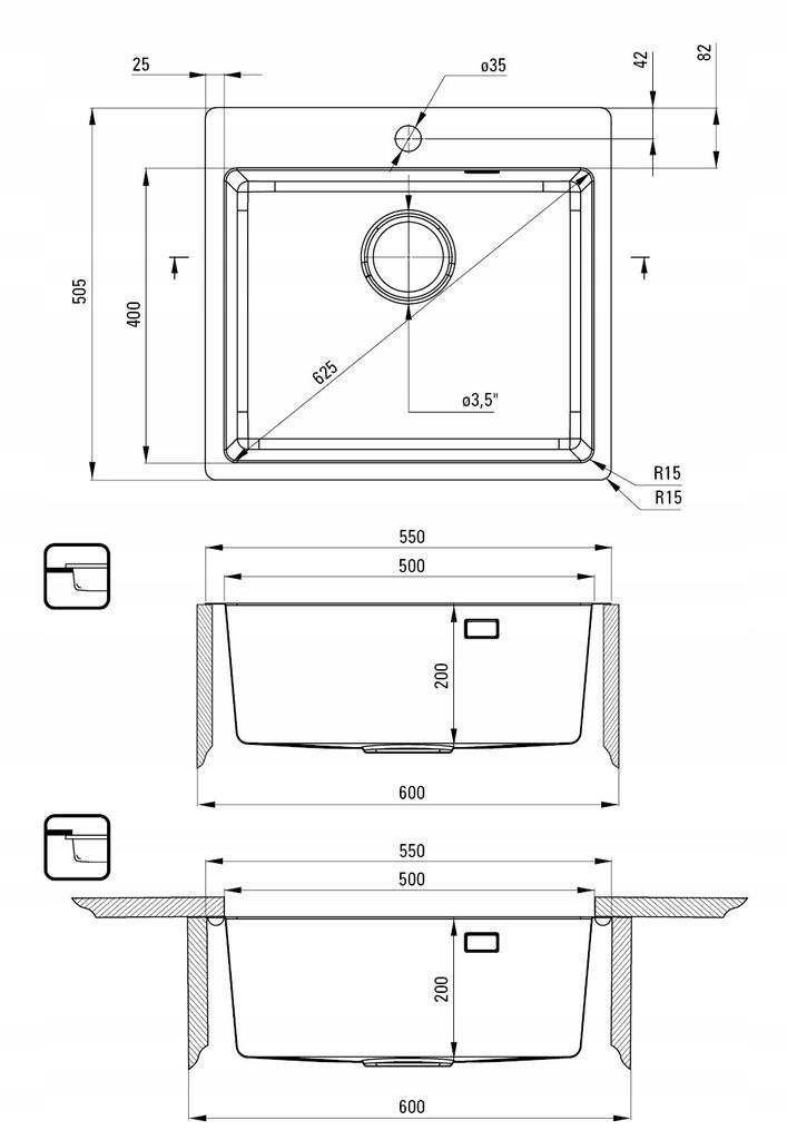 Single-Bowl Steel Sink 2 Gat 55 X 50.5 Cm