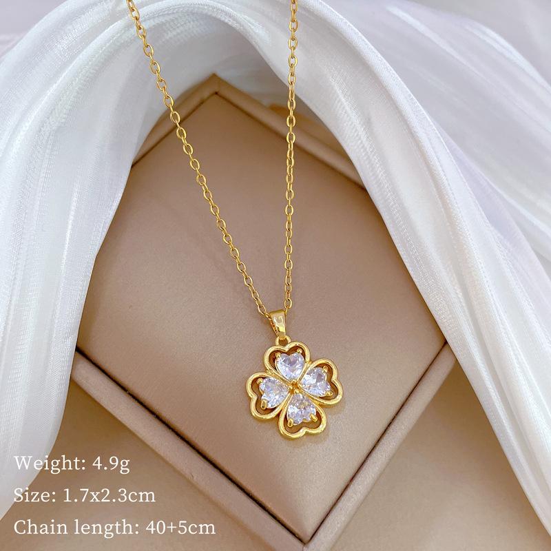 Empty Lucky Grass Light Luxury Temperament Gorgeous Full Diamond Necklace Female Versatile Collarbone Chain Titanium Steel Chain