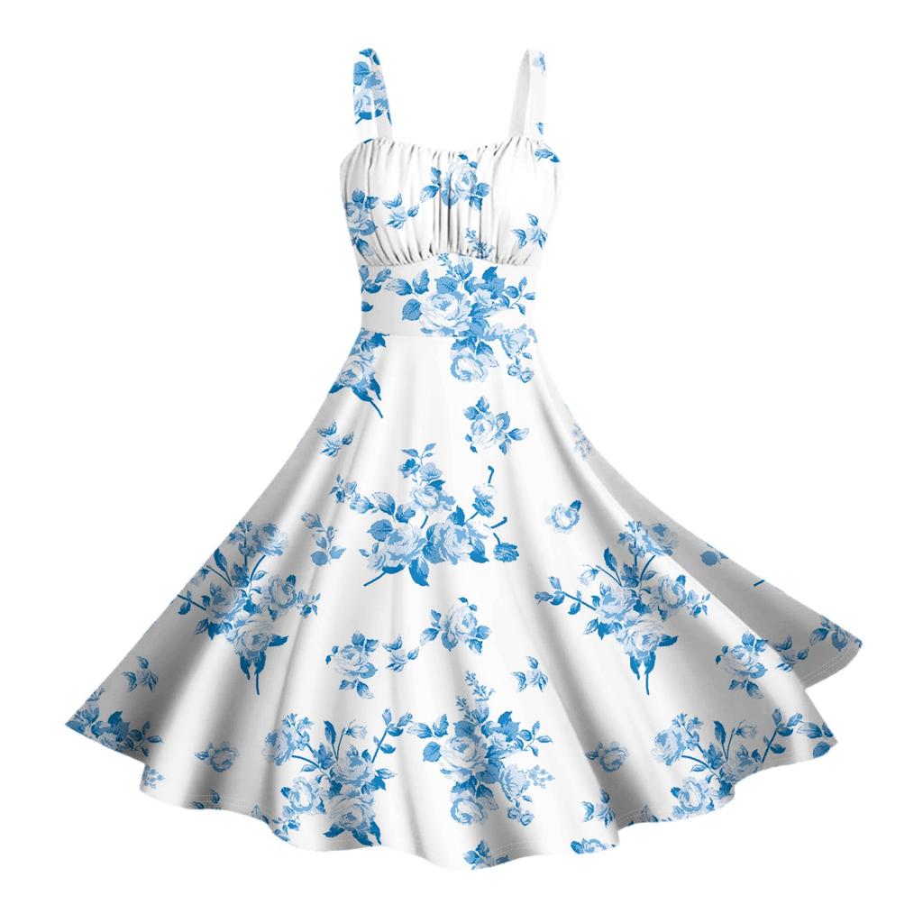 Damen Vintage Ärmellos Plissiert Patchwork Niedlich A-Linien Saum Blumendruck Kleider