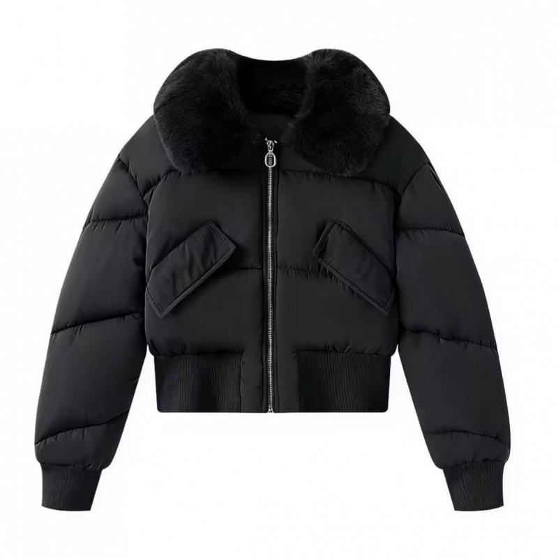 Womens Short Puffer Coat With Detachable Faux Fur Collar Slim Fit Warm Cotton-Polyester Blend Jacket Winter