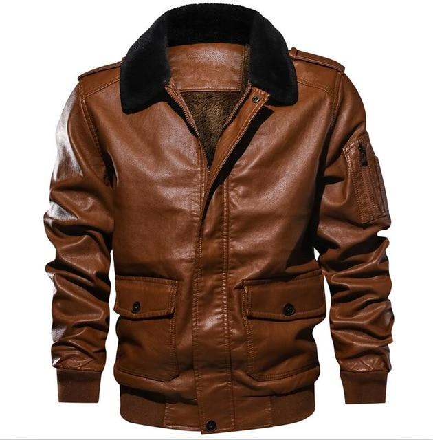 Men's Winter Leather Jacket Casual Fur Turn Down Collar Retro PU Flight Jackets Man Fleece Warm Faux
