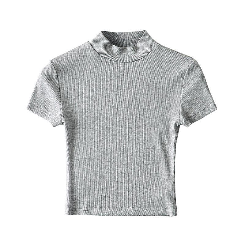 

YPFF Ретро Европейский и Американский Кроп-топ с высоким воротом и коротким рукавом - Женская Универсальная Приталенная Футболка Medium светло-серый