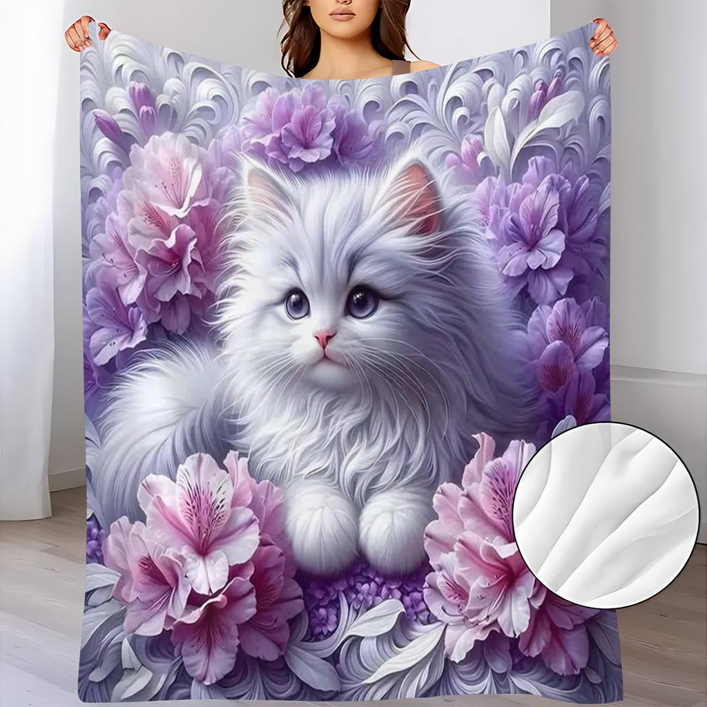 1pc White Cat Pattern Flannel Small Blanket Soft Warm Blanket, Suitable for Sofa Blanket, Home Leisure Blanket, Air-Conditioning Blanket, Nap Blanket,