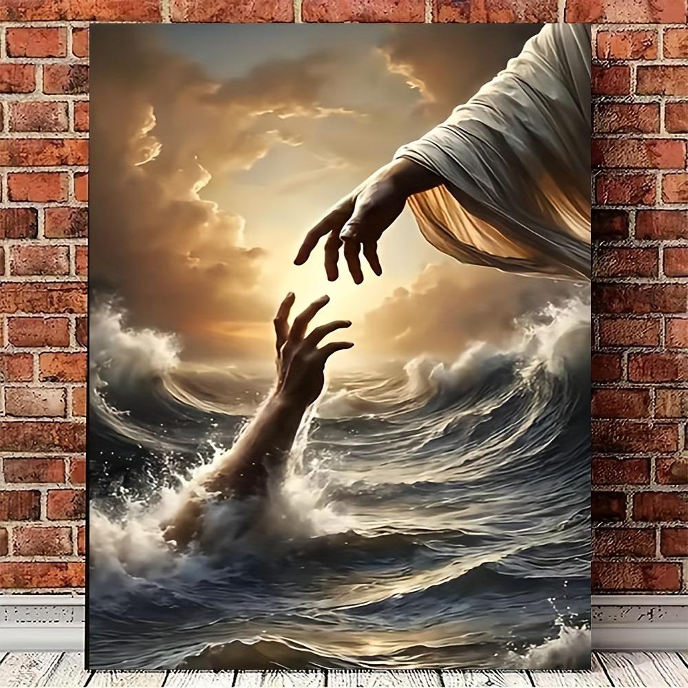 Pittura su Tela 'Santo Salvataggio Marino' - Gesù Tende la Mano, Decorazione Murale Cristiana Ispiratrice, Regalo Spirituale, Pronto da Appendere, Poster di Arte Murale sulla Fede