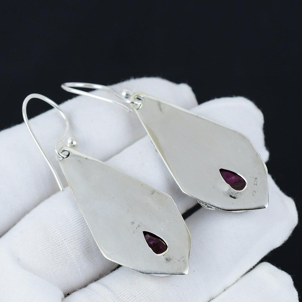 Dainty Kashmir Ruby Gemstone Earrings, 925 Sterling Silver Earring, Handmade Boho Silver Jewelry Dangle Earrings, Party Wear Gifts