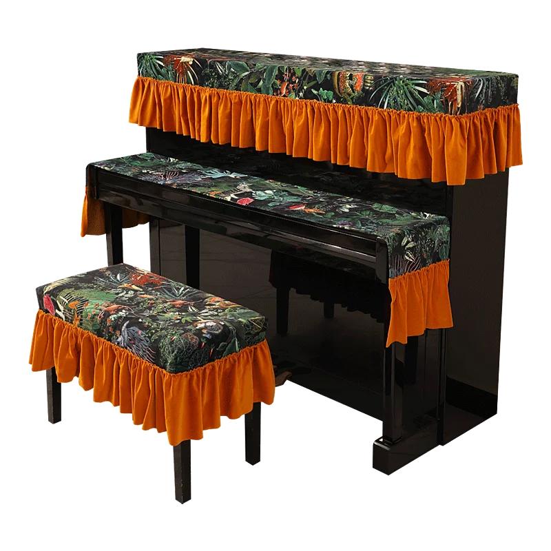 Husă de protecție scurtă pentru pian cu model de flori americane, cu volană, catifea pentru pian, prosop rezistent la praf.