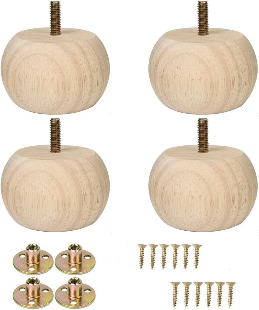 4PCS Walnut Solid Hardwood Round Bun Feet 2inches with M8 Bolt Predrilled for Furniture Ottoman Couch Cabinet Sofa Legs