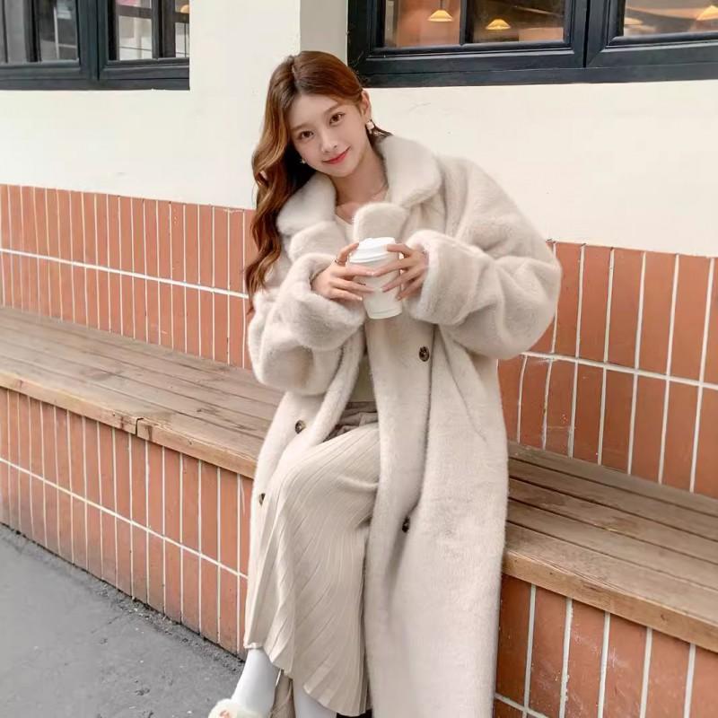 Womens Long Faux Fur Coat Notched Lapel Warm Street Style Outerwear