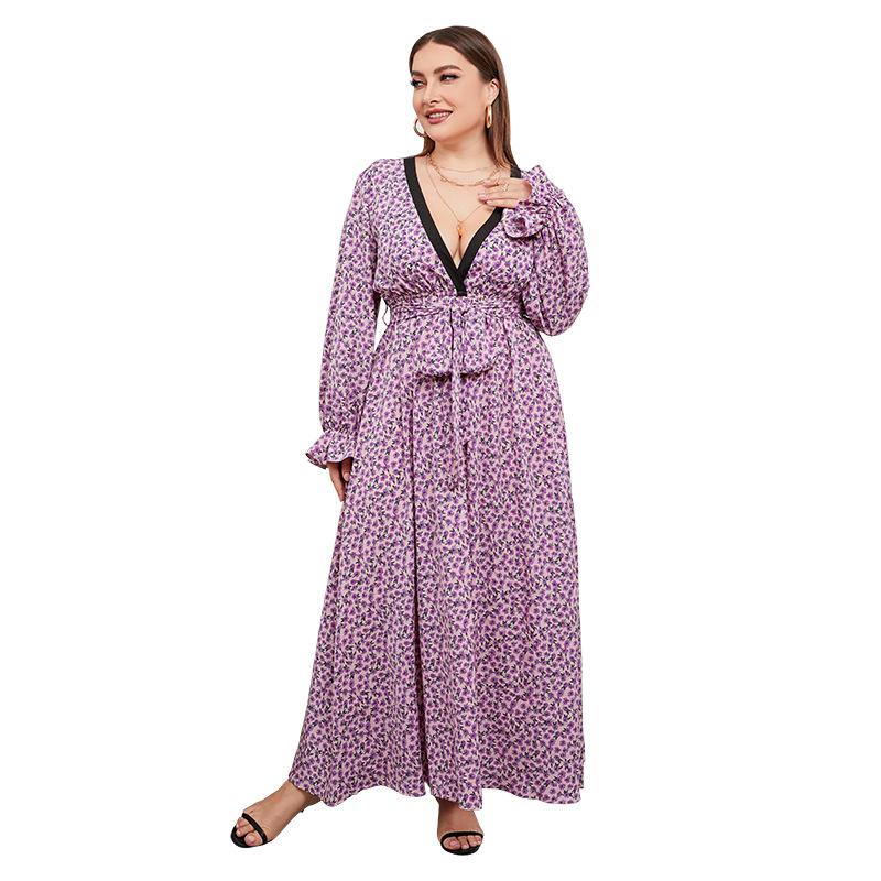 

Длинное платье с цветочным принтом для женщин, глубокий v-образный вырез, длинный рукав, высокая талия, тонкое платье макси, повседневное модное свободное платье с завязкой на талии, плюс дышащее длинное платье 4XL