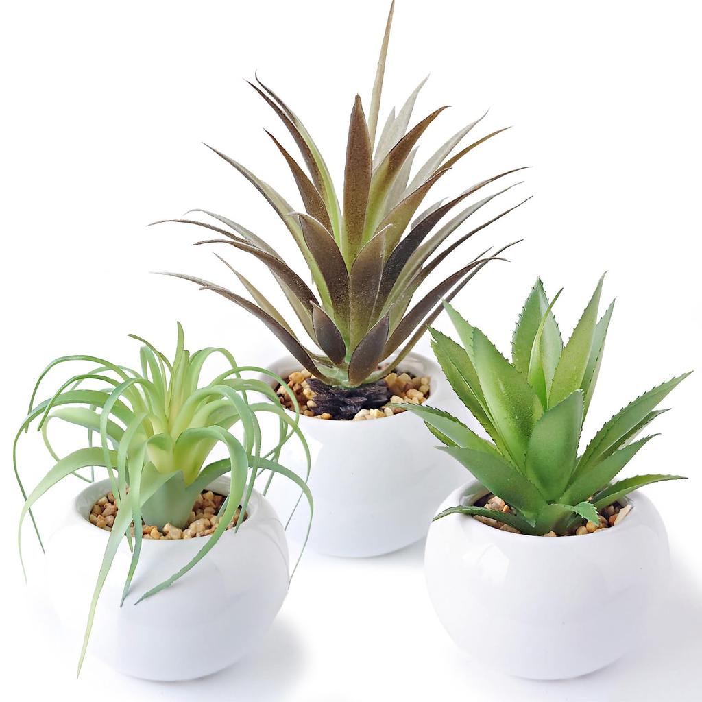 Faux Greenery Mini Potted Air Plant Set and Perfect for Home Perfect for Tabletop Perfect as a (3 Pieces) - Bromeliad, Agave, More. Stylish, Decor.