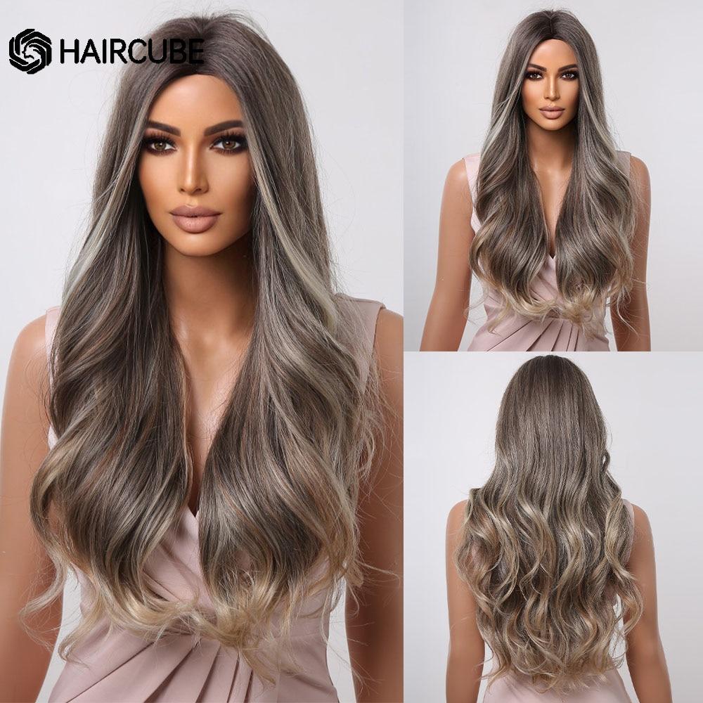 

HAIRCUBE Длинный волнистый Ombre Коричневый Серый Белый Синтетический Парик Натуральная Волна Парик Волос для Женщин Термостойкий Парик Для Косплея Для Ежедневного Использования