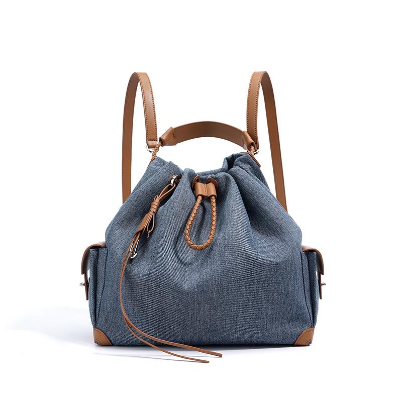 

Летняя новая нишевая дизайнерская сумка-пэчворк, ретро джинсовая сумка-мешок на шнурке через плечо, большая вместимость, модный рюкзак