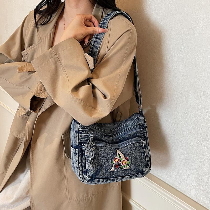 Multi-layer Denim Bag Vintage Shoulder Bag Women's Embroidered Crossbody Bag