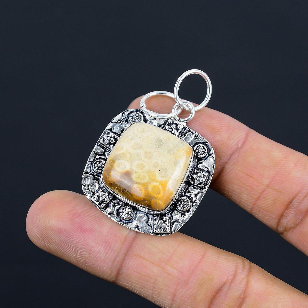 Sterling Silver Root Chakra Fossil Coral Gemstone Bezel Anniversary Wife Pendant