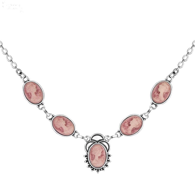 

6 Colors Vintage Lady Queen Cameo Necklace For Women Antique Silver Plated Flower Pendant Stainless Steel Chain Necklace