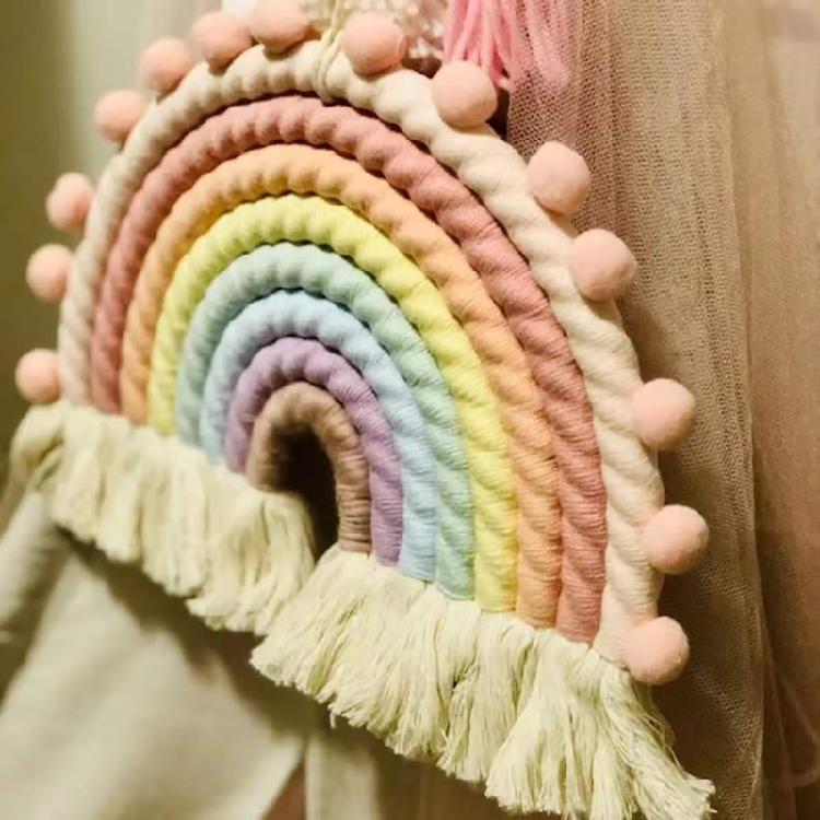 Makramee Regenbogen Wandbehang Baumwoll-Ornamente mit Quasten für Kinderzimmer