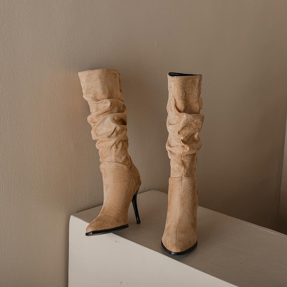 Apricot Black Women Mid Calf Boots High Stiletto Heel Big Size 48