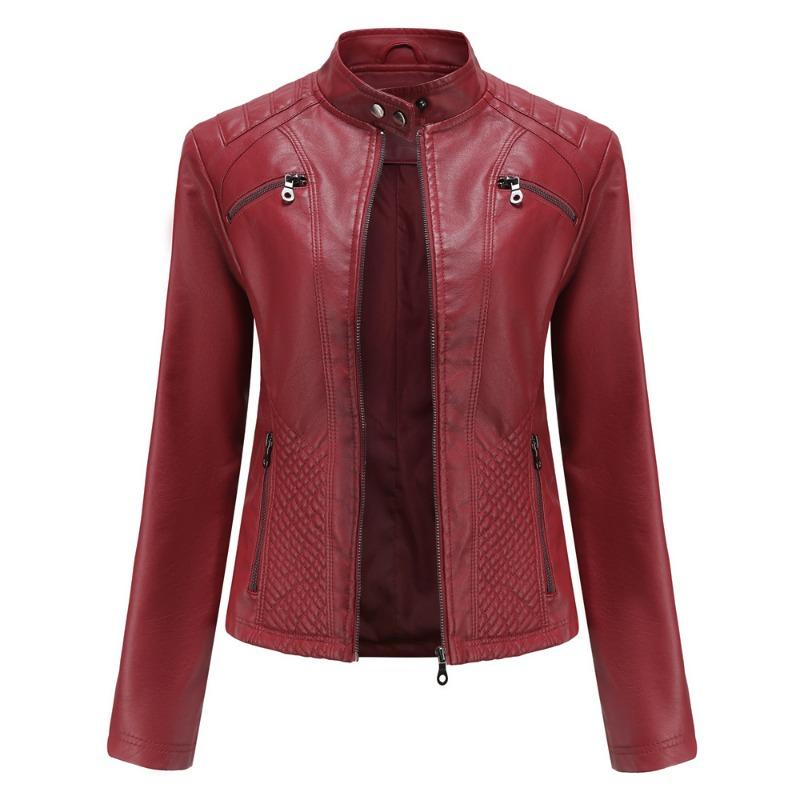 Neue Damen Freizeit Lederjacke Stehkragen Jacke Schlanke Jacke Damen Einfarbig Damen Lederjacke