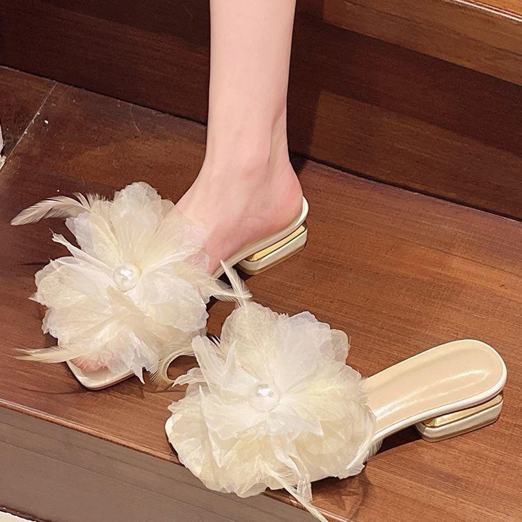 French style with skirt slippers women's summer wear 2025 new mesh fairy style flower thick heel cool slippers