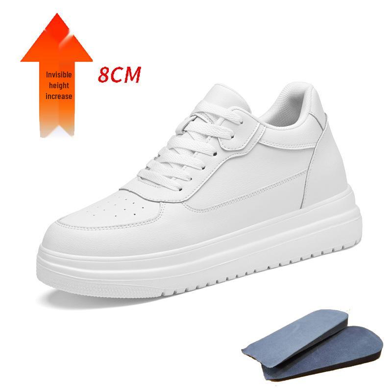 

Men s Casual Low-Top White Cowhide Sneakers with 8CM Inner Lift 44