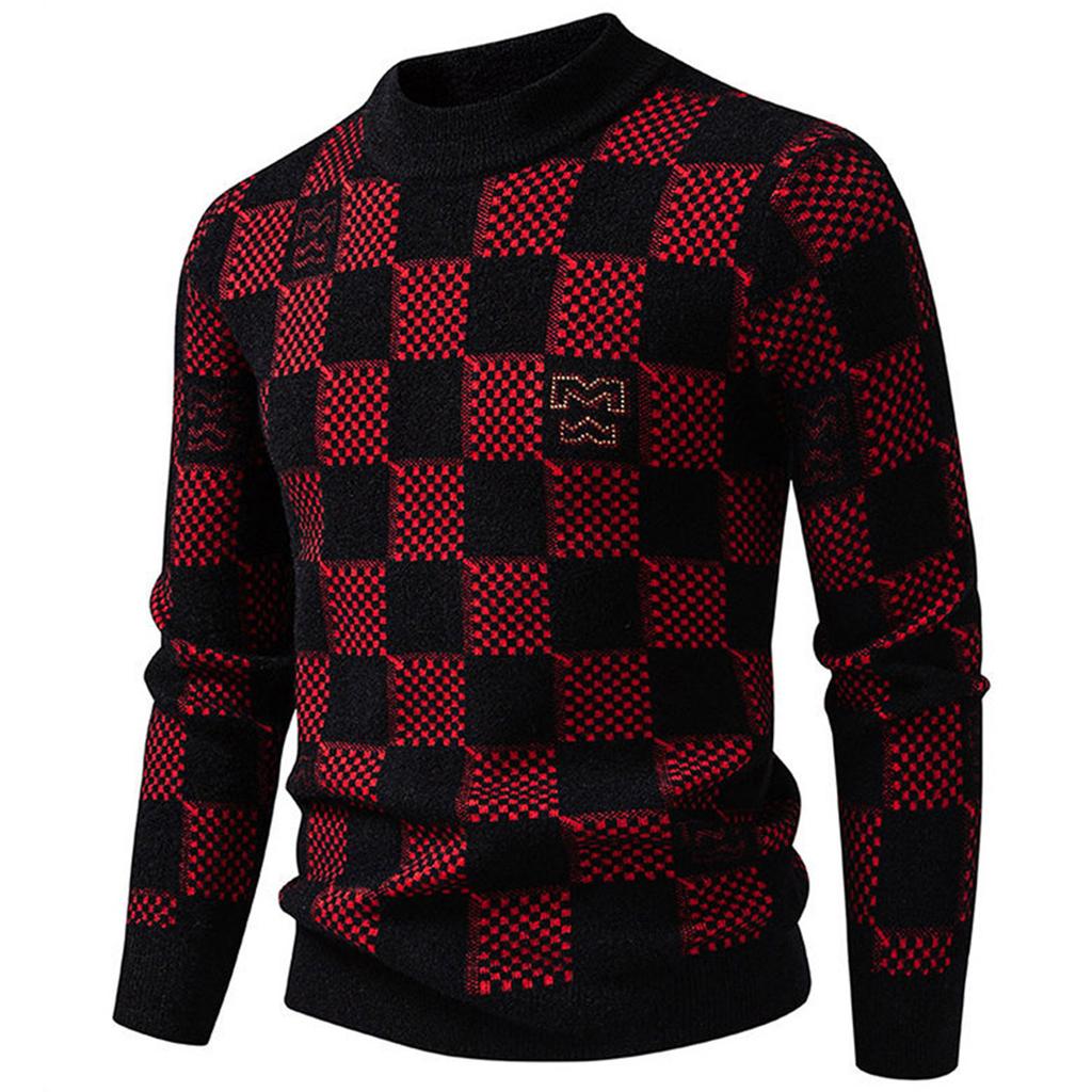 Men's Plaid Half Turtleneck Sweater Men's Thickened Casual Pullover Knitted Top