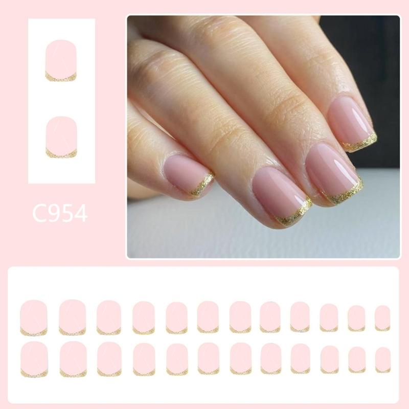 24 Pcs Simple Artificial Nail French Tip Press On Nail Short Square Stick On Nail Glossy False Nail for Party