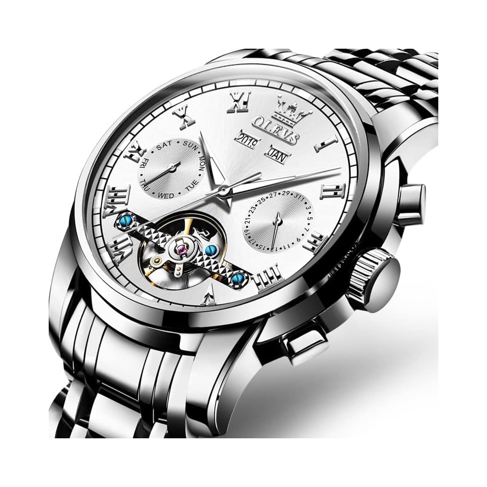 OLEVS Automatic Mechanical Watch Men's Luxury Stainless Steel Multi-Calendar Waterproof Luminous Silver