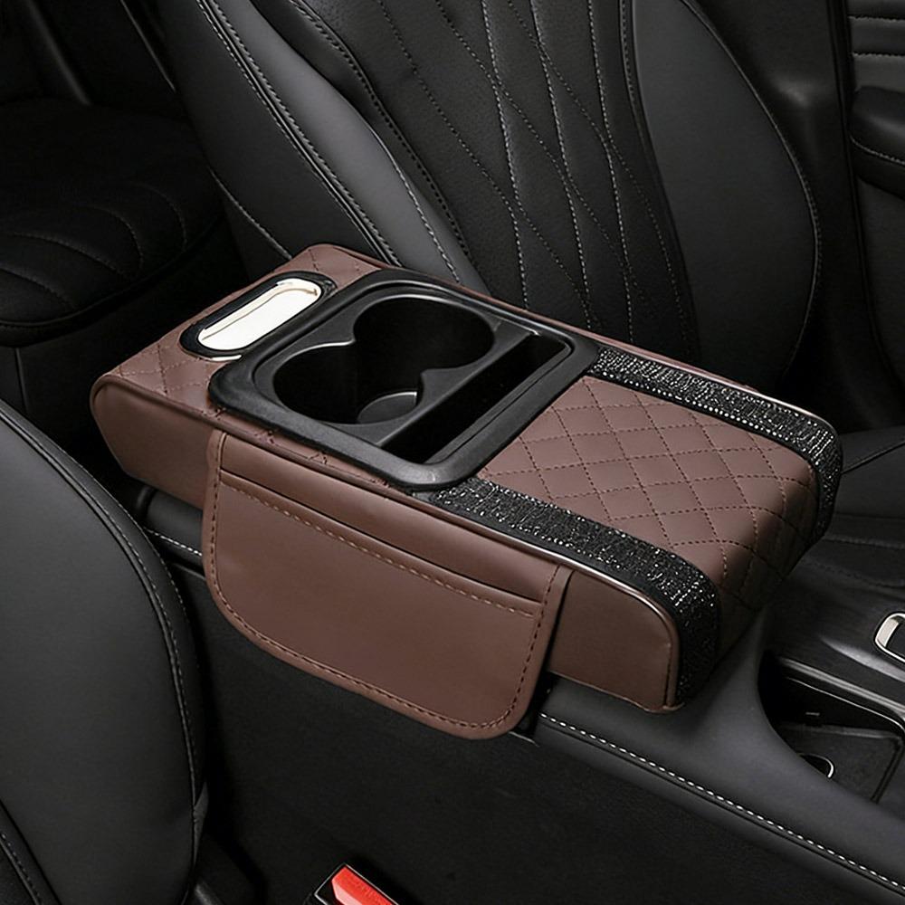PU Leather Center Console Armrest Cushion with Cup Holder Tissue Box Height Increasing Car Armrest Pillow Multifunctional