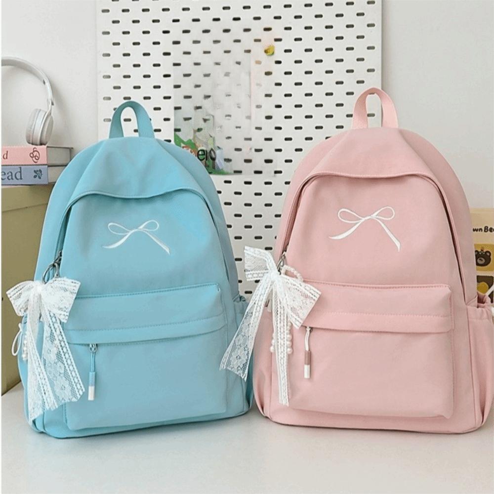 Mochila Bordada con Lazo Portátil para Niñas Color Sólido Nylon Mochila Escolar para Estudiantes Gran Capacidad Ligera Mochila de Viaje