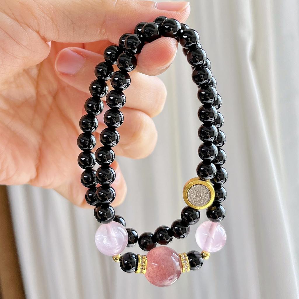 6Mm Natural Black Agate Powder Crystal Strawberry Crystal Multi-Circle Design Bracelet Bracelet