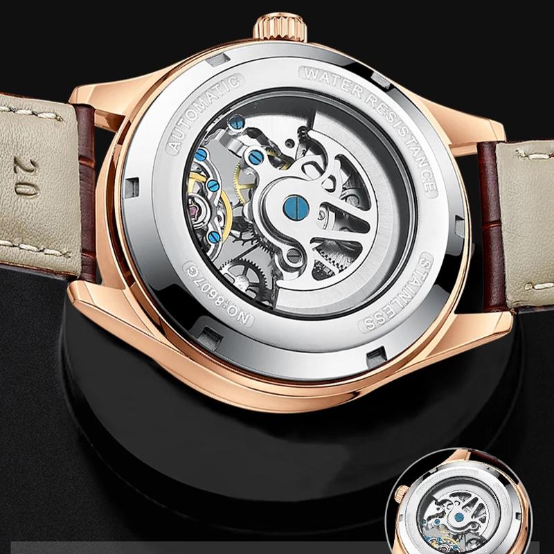 Skeleton Design Watches Rose Gold Case Male Automatic Mechanical Watch Stainless Steel Band Watch Relogio