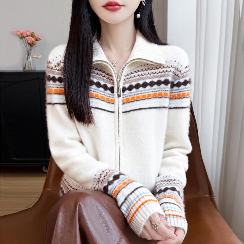 2026 A/W Pure Wool Thick Lapel Knit Cardigan with Double Zipper and Fair Isle Pattern