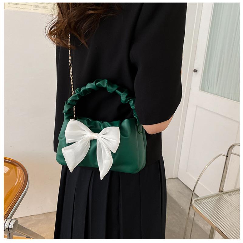 Fashion Bow Knot Small Shoulder Bag Trendy Chain Crossbody Bag Cute Faux Leather Mini Handbag for Women