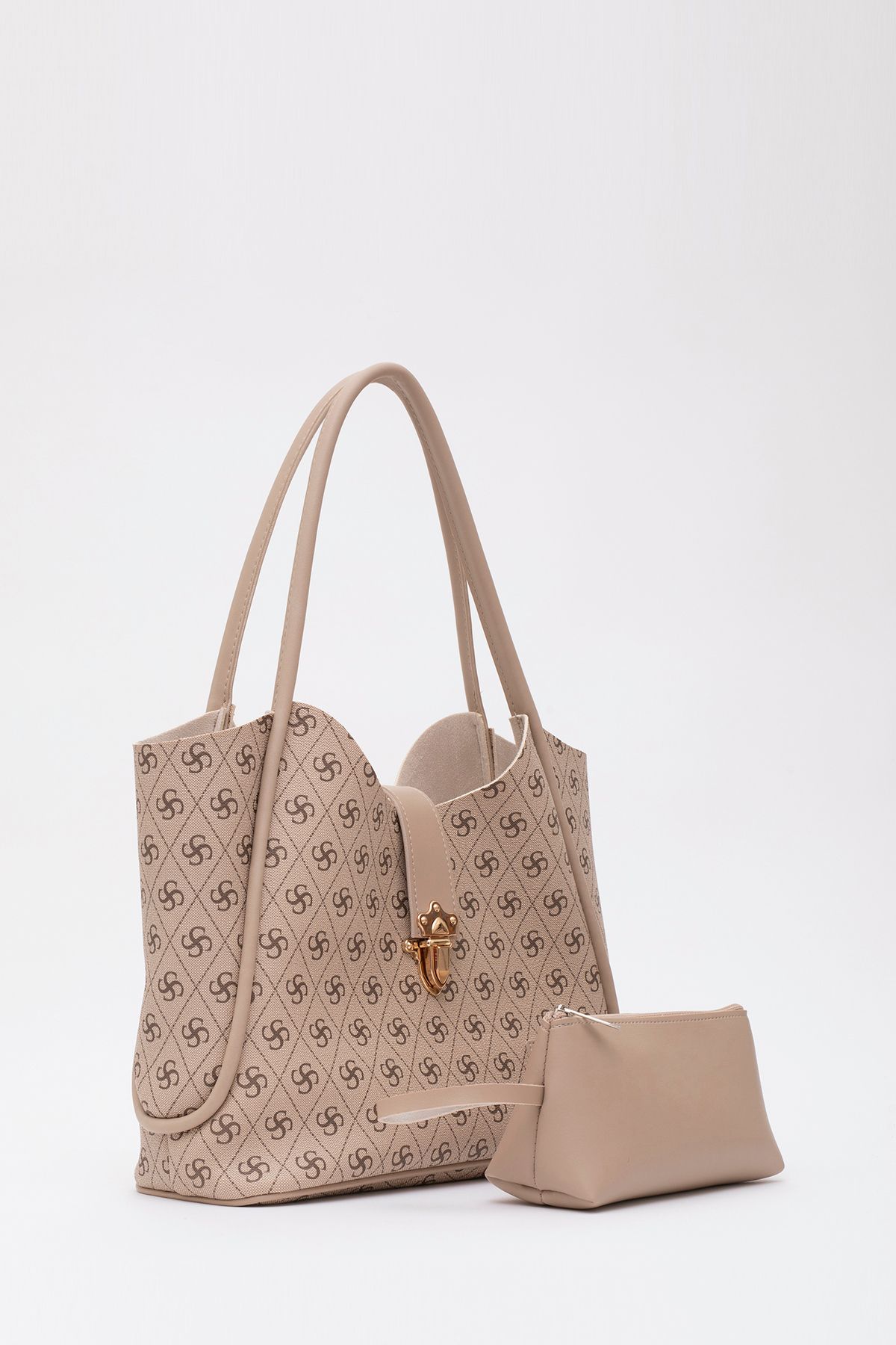 

Women s Stylish and Useful Shoulder bag Monogram Printed Mink Shk126 Faux Leather Hand, Arm and Shoulder Bag with Lock Detail Makeup Bag L:27E:3