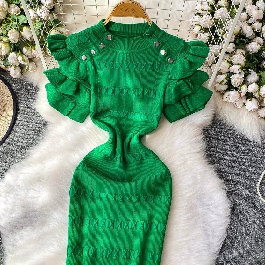 Summer Women Elegant Ruffle Metal Button Office Work Knitted Sheath Sweater Mini Dresses