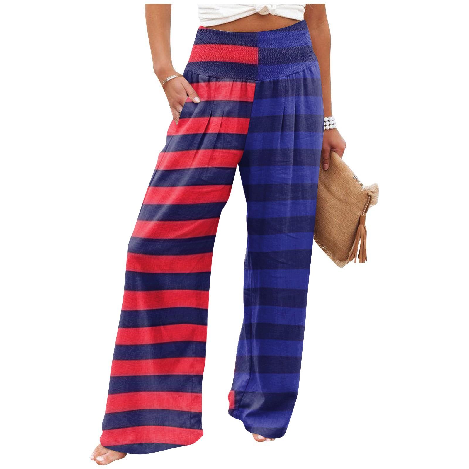 

Женские летние эластичные брюки свободного кроя из хлопка и льна с полосатым принтом S винный