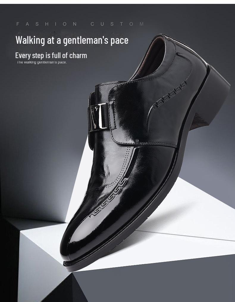 Men's Formal High-End Cowhide Leather Slip-On Shoes with Automatic Buckle and Breathable Pointed Toe Design