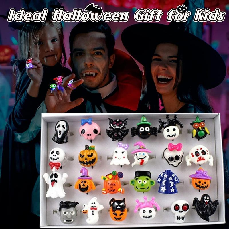 LED Light Halloween Ring Creative Glowing Ring Pumpkin Ghost Skull Rings for Kids Gifts Cute Luminous Finger Ring Party Supplies