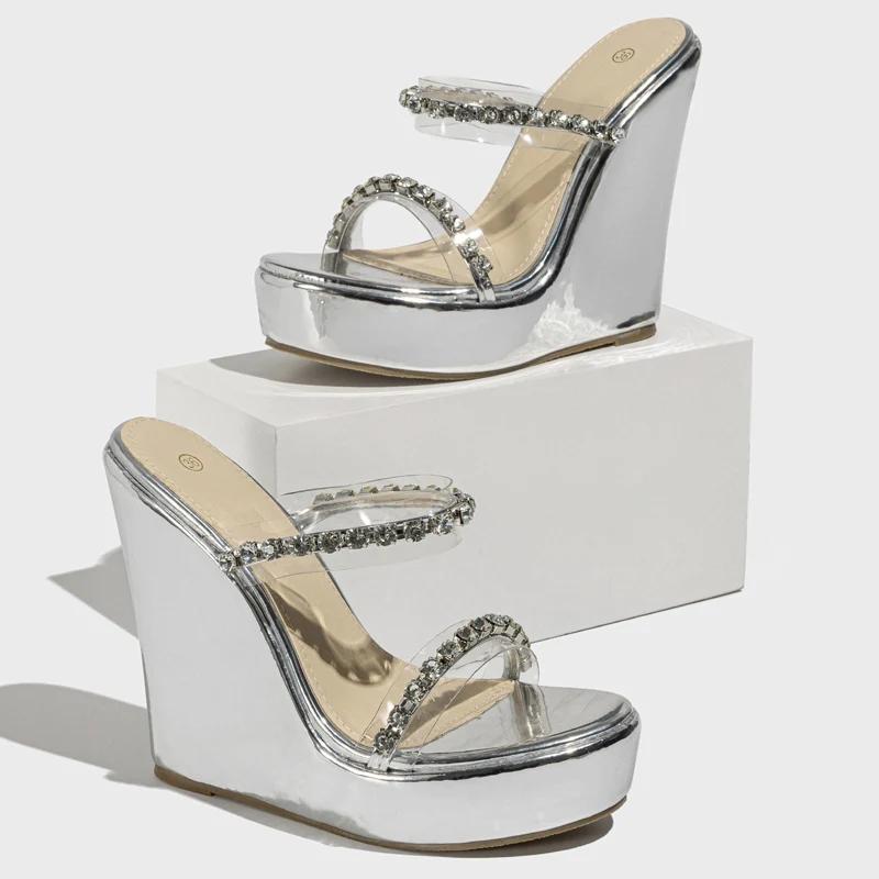 Fashion Eilyken Fashion Silver Crystal PVC Transparent Women Slippers Design Narrow Band Wedges Heels Female Mules Slides Shoes