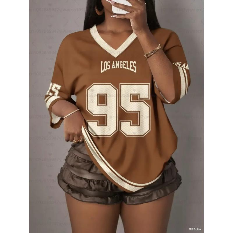Women's Los Angeles NO.95 Print V-Neck Short Sleeve T-Shirt Summer Graphic Tee Baseball Jerseys Plus Size Sport T-Shirt
