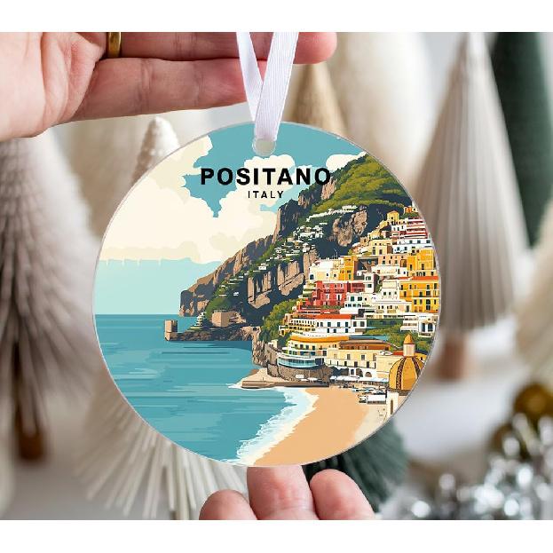 Positano Italy Acrylic Ornament - Amalfi Coast Colorful Cliffside Houses Artwork - Scenic Mediterranean Travel Souvenir Keepsake - Holiday Ornament