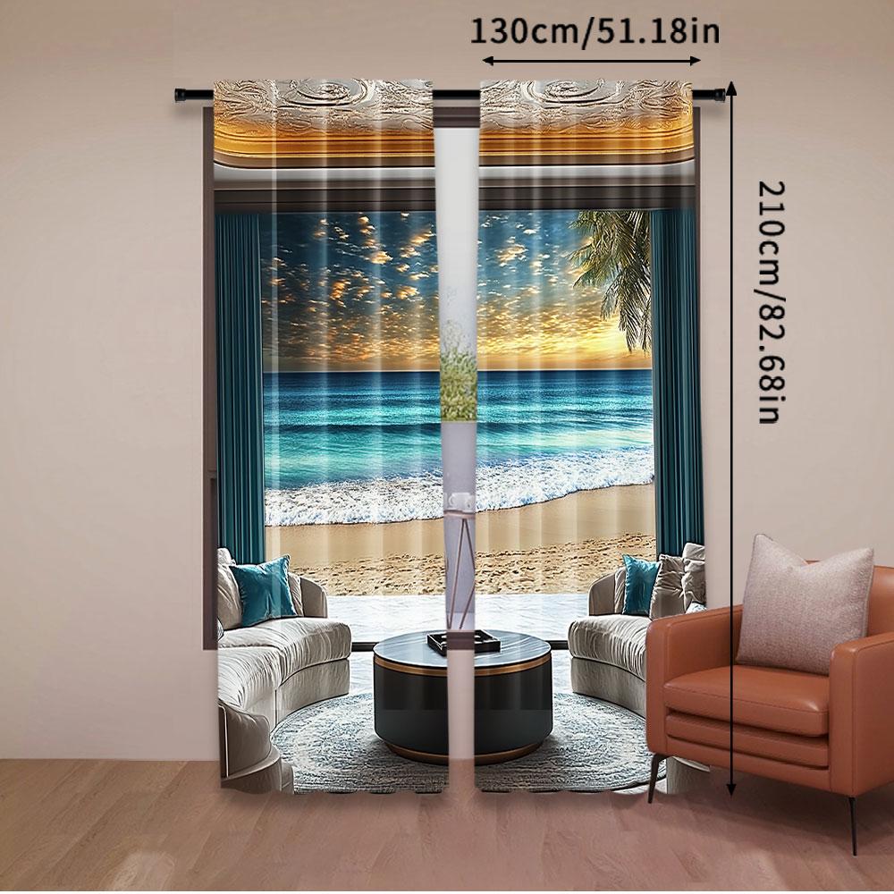 2Pcs Fantasy Scenery Curtain Abstract Seascape Ocean Horizon With Oriental Detailed Room Curtain For Bedroom Living Room And
