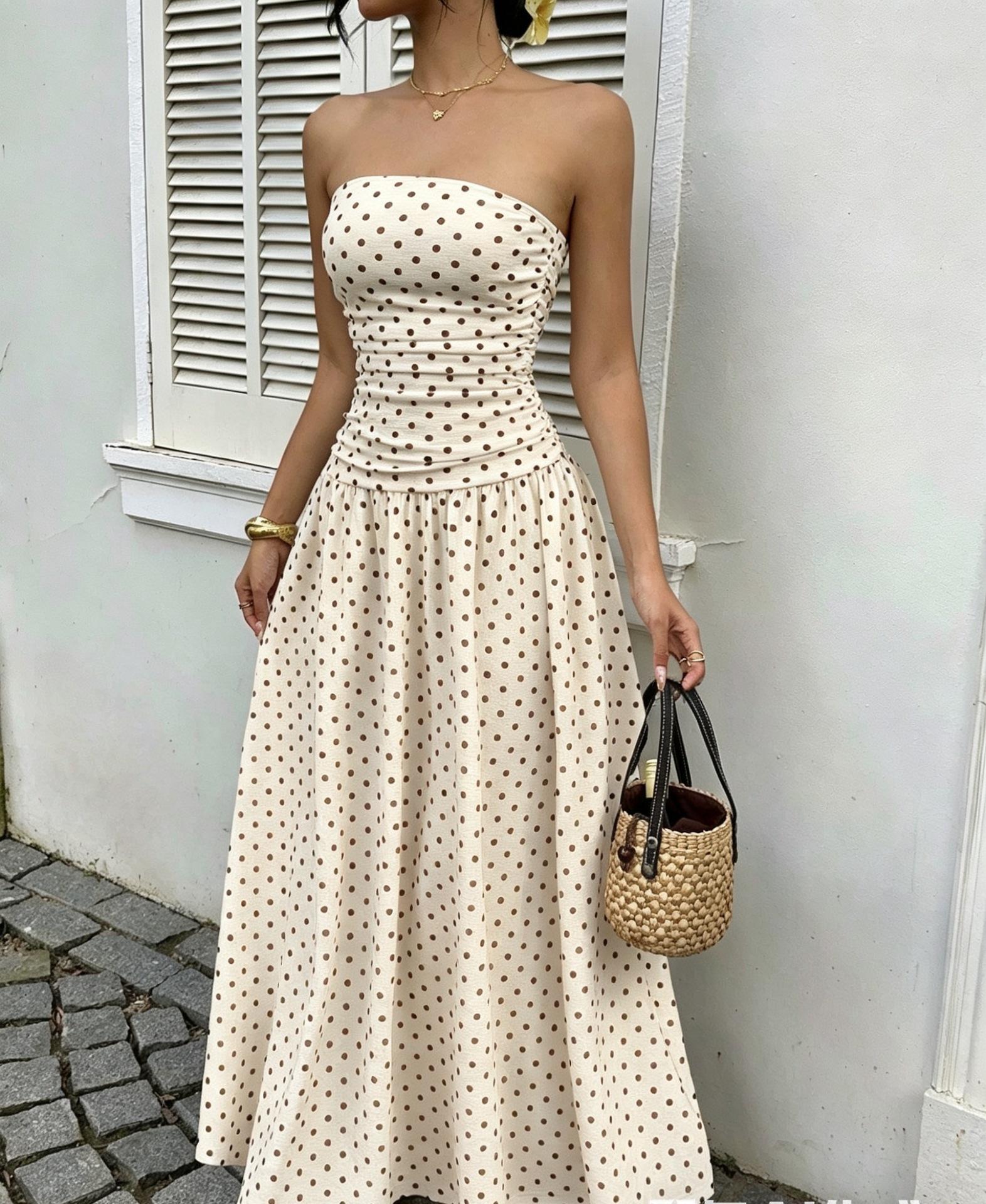 

Europe, America, spring and summer, sexy off-the-shoulder polka dot A-word elegant waist and thin dress, evening dress XL світло-жовтого кольору