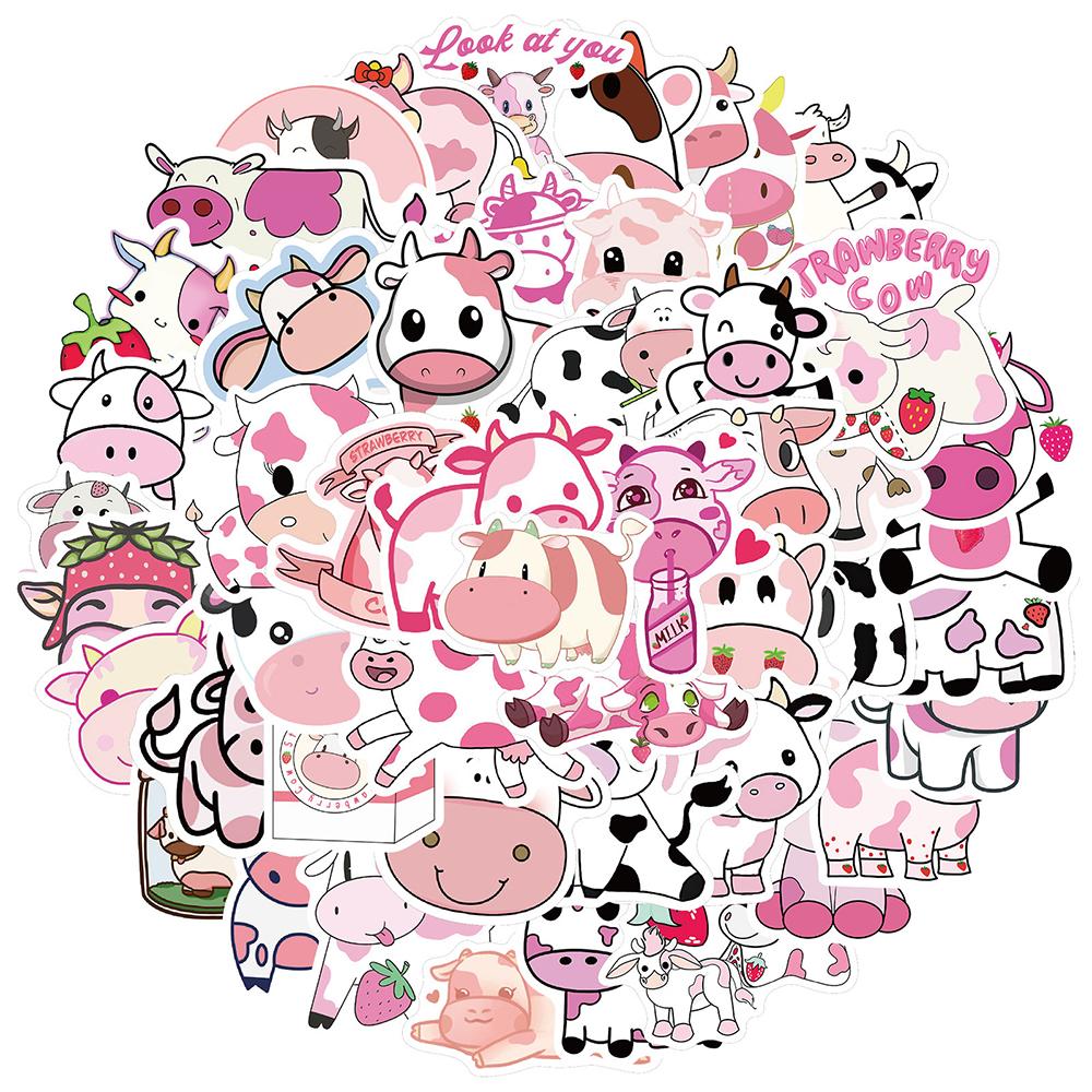 10/30/50pcs Cute Strawberry Pink Cow Graffiti Stickers Kawaii Animal Decals DIY Luggage Fridge Journal Cartoon Graffiti Sticker
