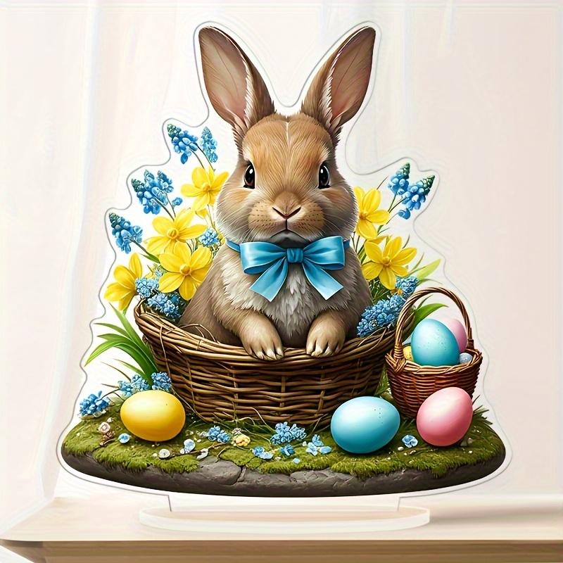 2D Flat Bohemian Style Rabbit Acrylic Desktop Decoration, Flowers and Eggs Design, Suitable for Wall Decoration, Porch, Room, Villa, Accents Home, Hal