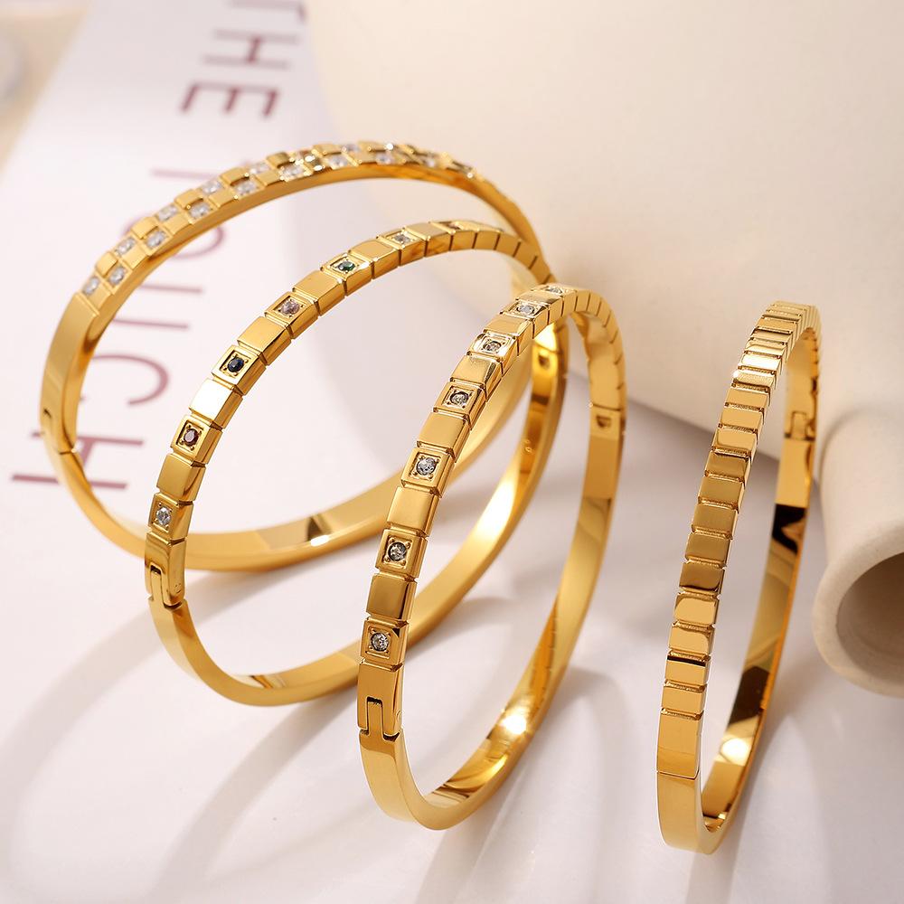 ins wind titanium steel thin square lattice stripe round diamond color gold-plated bracelet wholesale bracelet