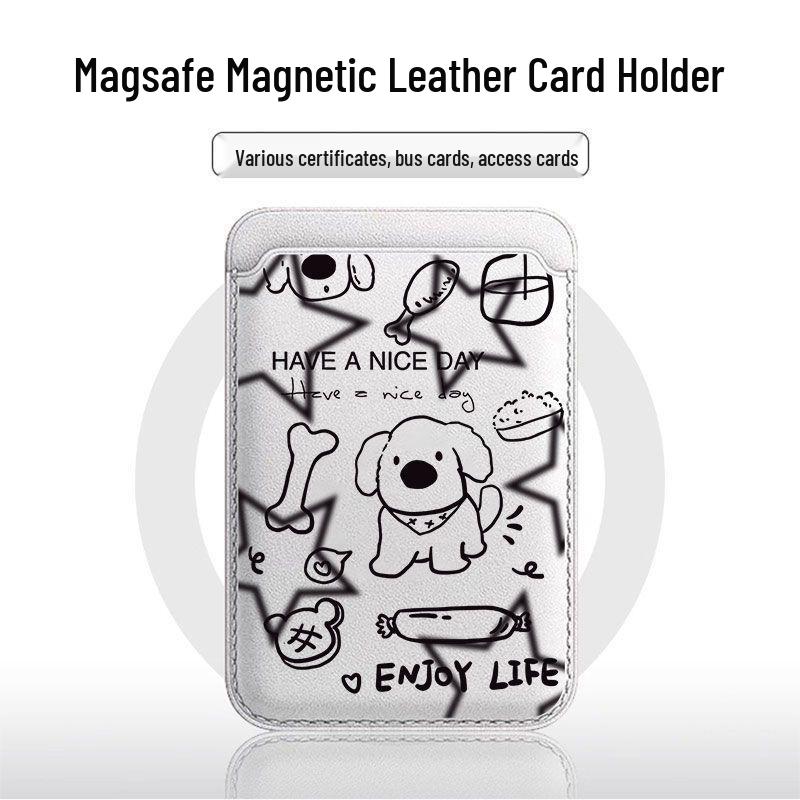 Puppy Line Art MAGsafe Leather Card Holder Case for Apple Phones